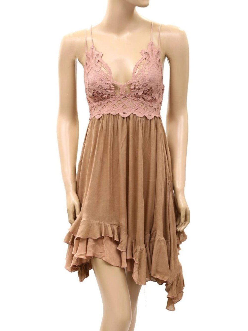 Free People FP One Adella Slip Mini Dress Crochet Lace Smocked Ruffle XXS 290357
